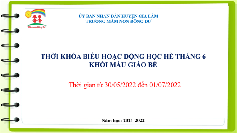 Thời khóa biểu hoạt động học tháng 6 khối mẫu giáo bé